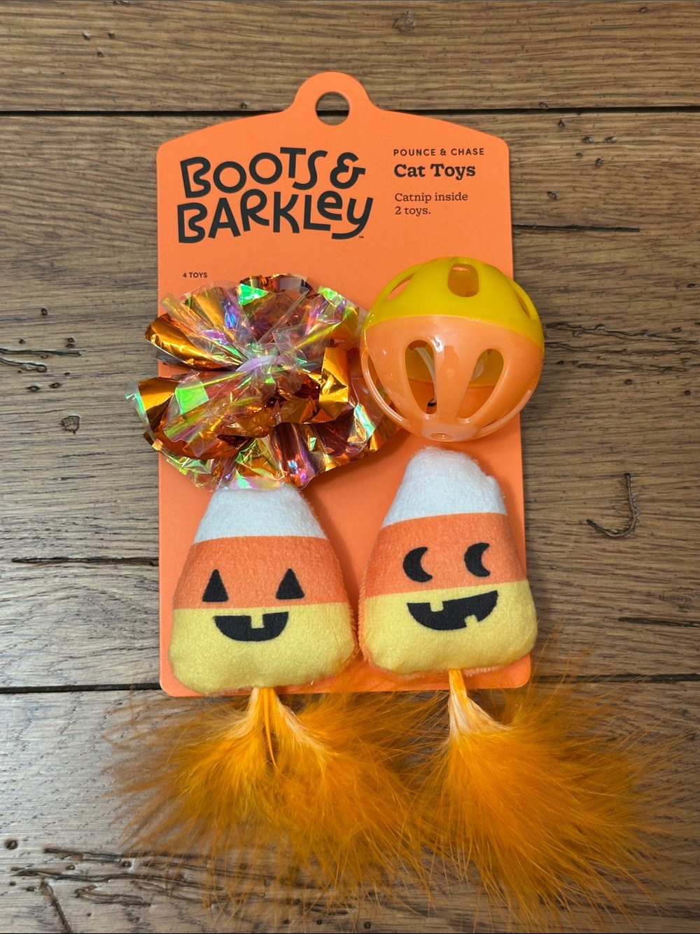 Boots & Barkley Orange and Yellow Candy Corn Feather Cat Toy Set